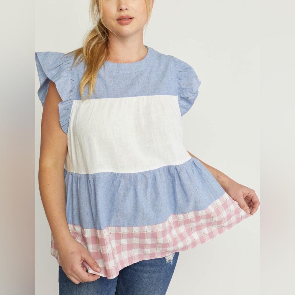 Entro Ruffle Sleeve Color Block Blouse - Picture 4 of 14